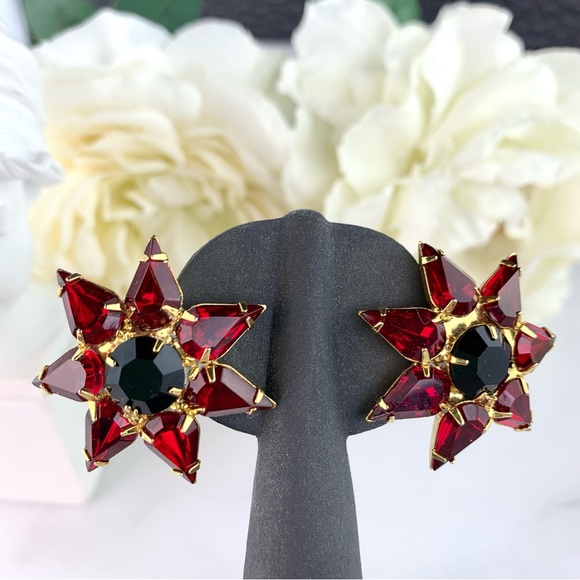 Vintage Gold Tone Starburst Bloody Red Rhinestone Large Earrings - Picture 14 of 14